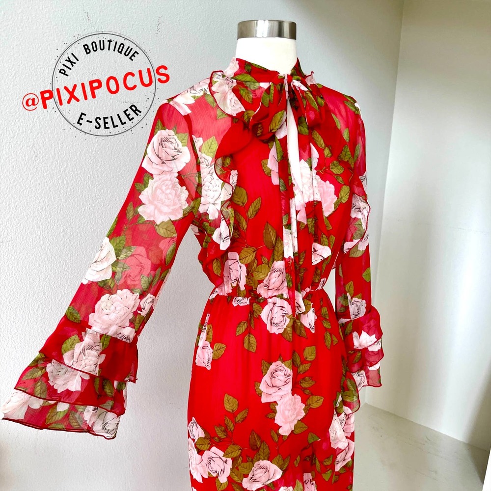 ZARA FLOWY RUFFLE TRIM LONG DRESS WITH TIE ROSE PRINT RED - Picture 2 of 16